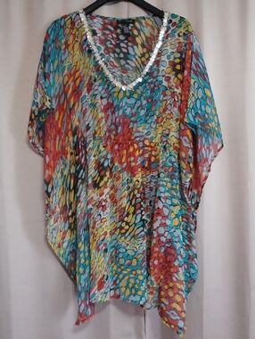 Club Collection Sheer Caftan Style Tunic Elastic Waist Beaded Neck